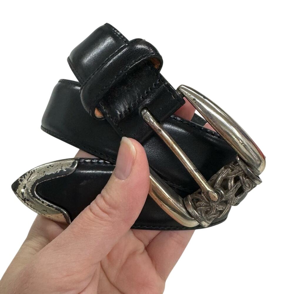 Brighton Vintage Black Leather & Silver Tone Belt Womens S Boho Chunky Western